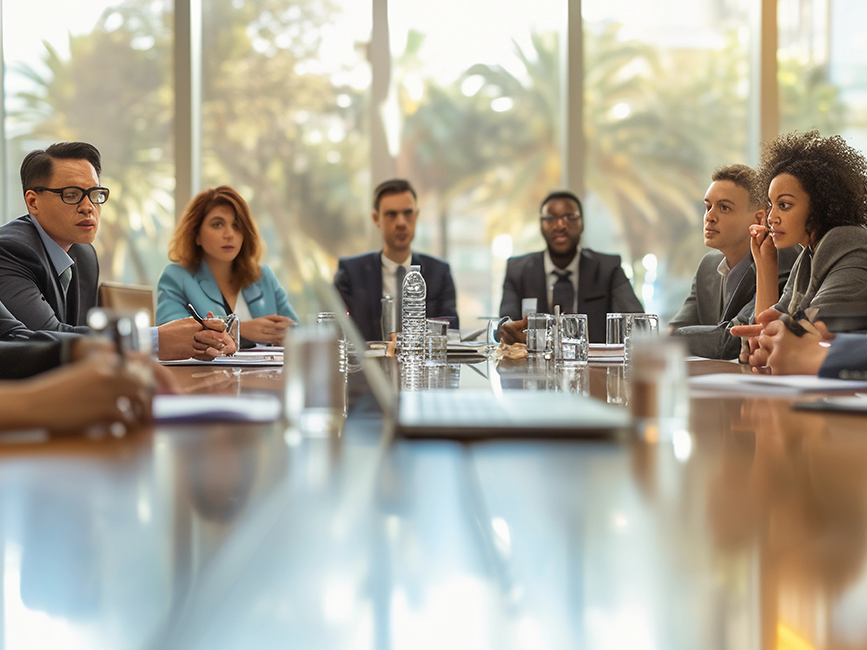 government-meeting-wide corporate meeting focused with professionals engaged in a serious discussion around a large, polished conference table