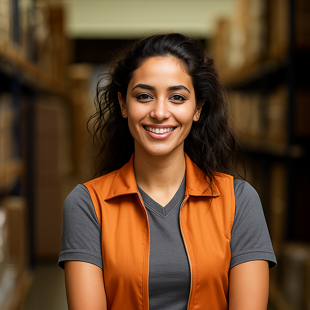 Smiling Woman in Warehouse Vest